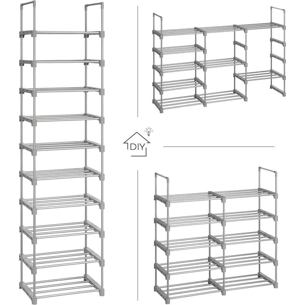 10-Tier Metal Shoe Rack Customizable Design Grey