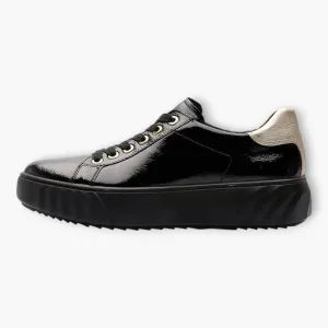 Ara Wide Fit Black Patent Trainer with Gold Heel Detail