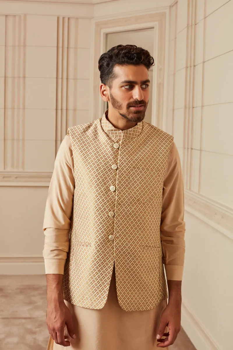 Beige Brocade Kurta Bundi Set