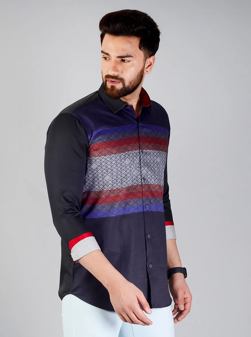 Black & Navy Blue Striped Slim Fit Party Wear Shirt | JB Studio