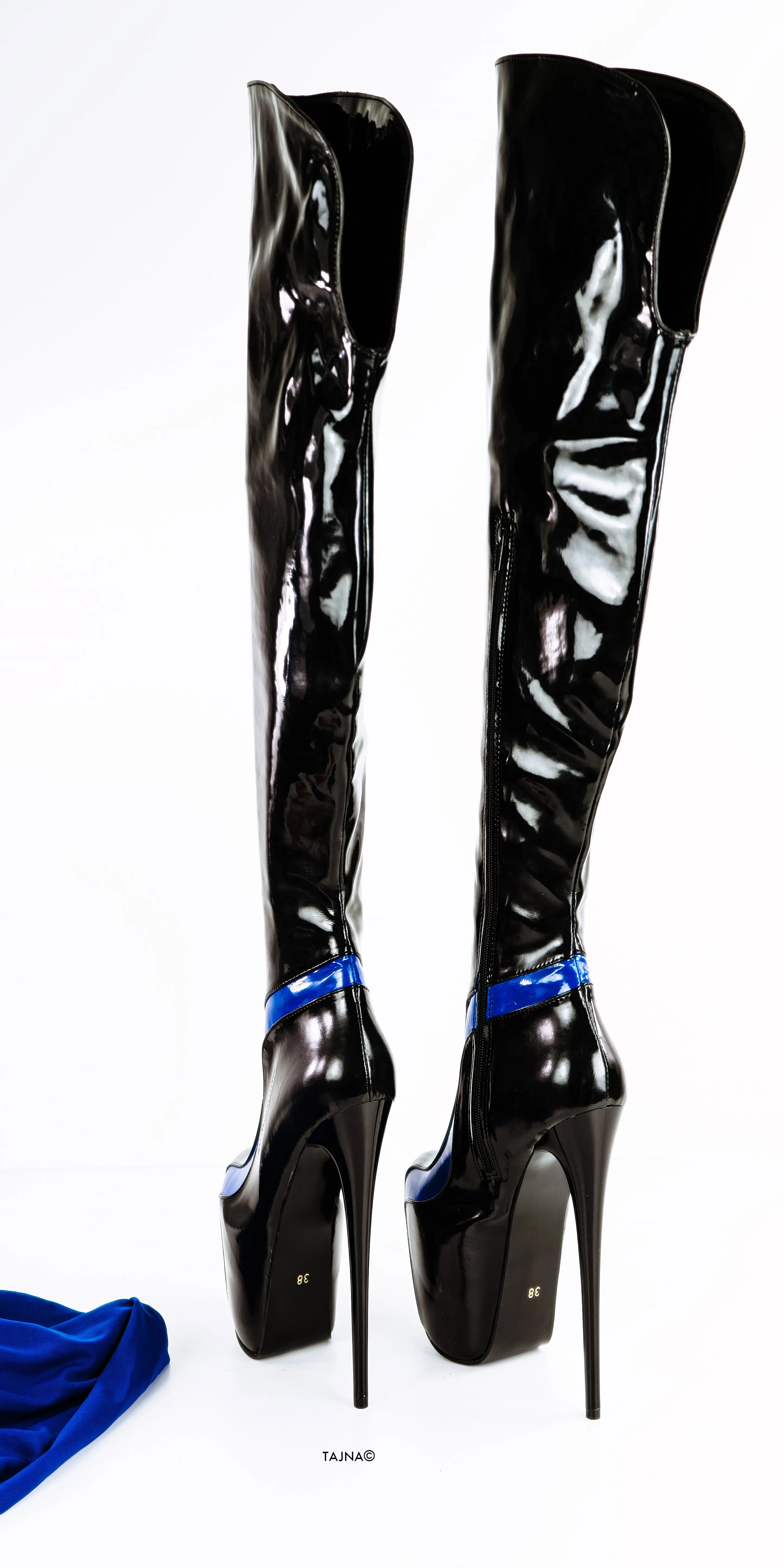 Black Blue Detail Knee Patent High Boots