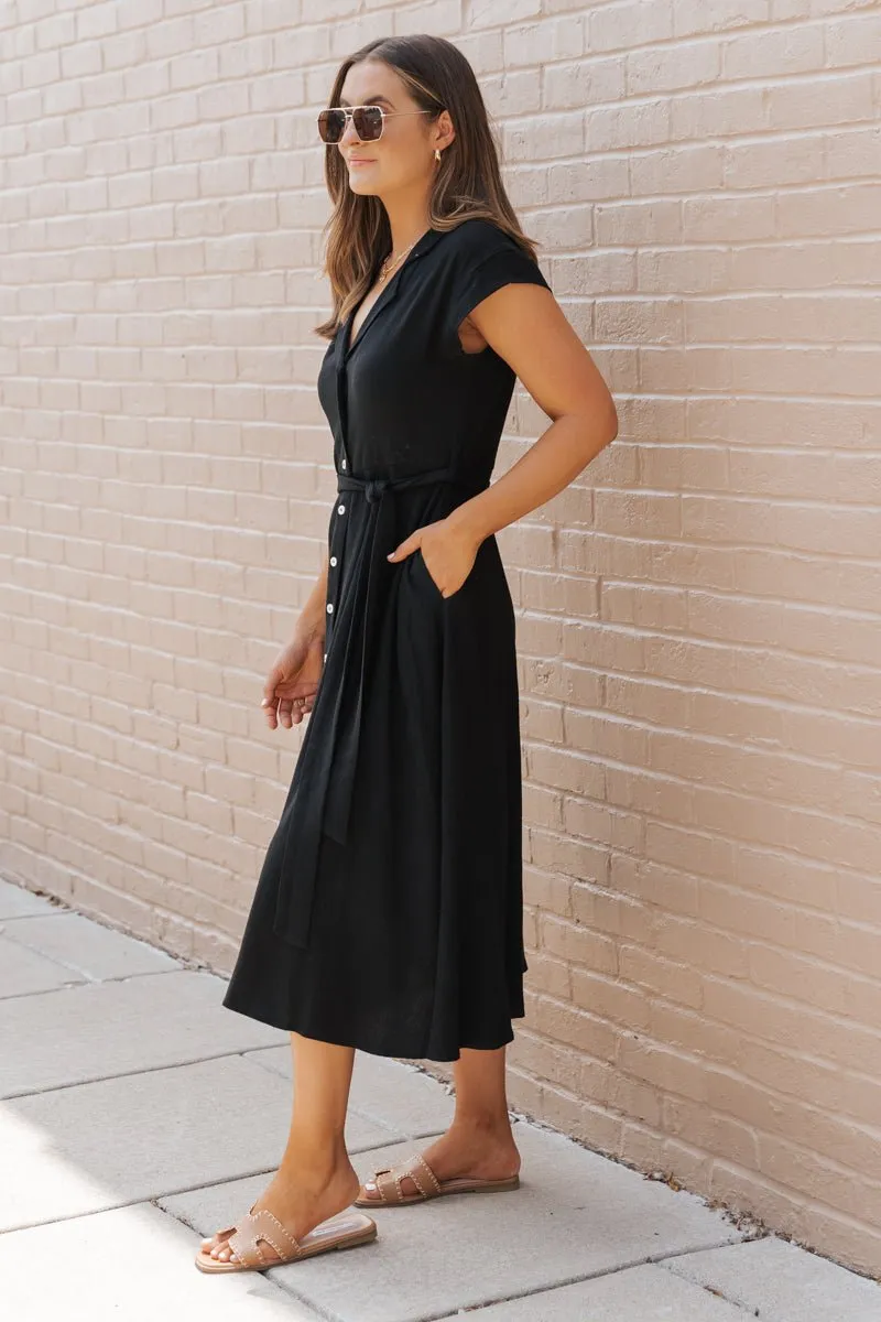 Black Button Down Tie Midi Dress