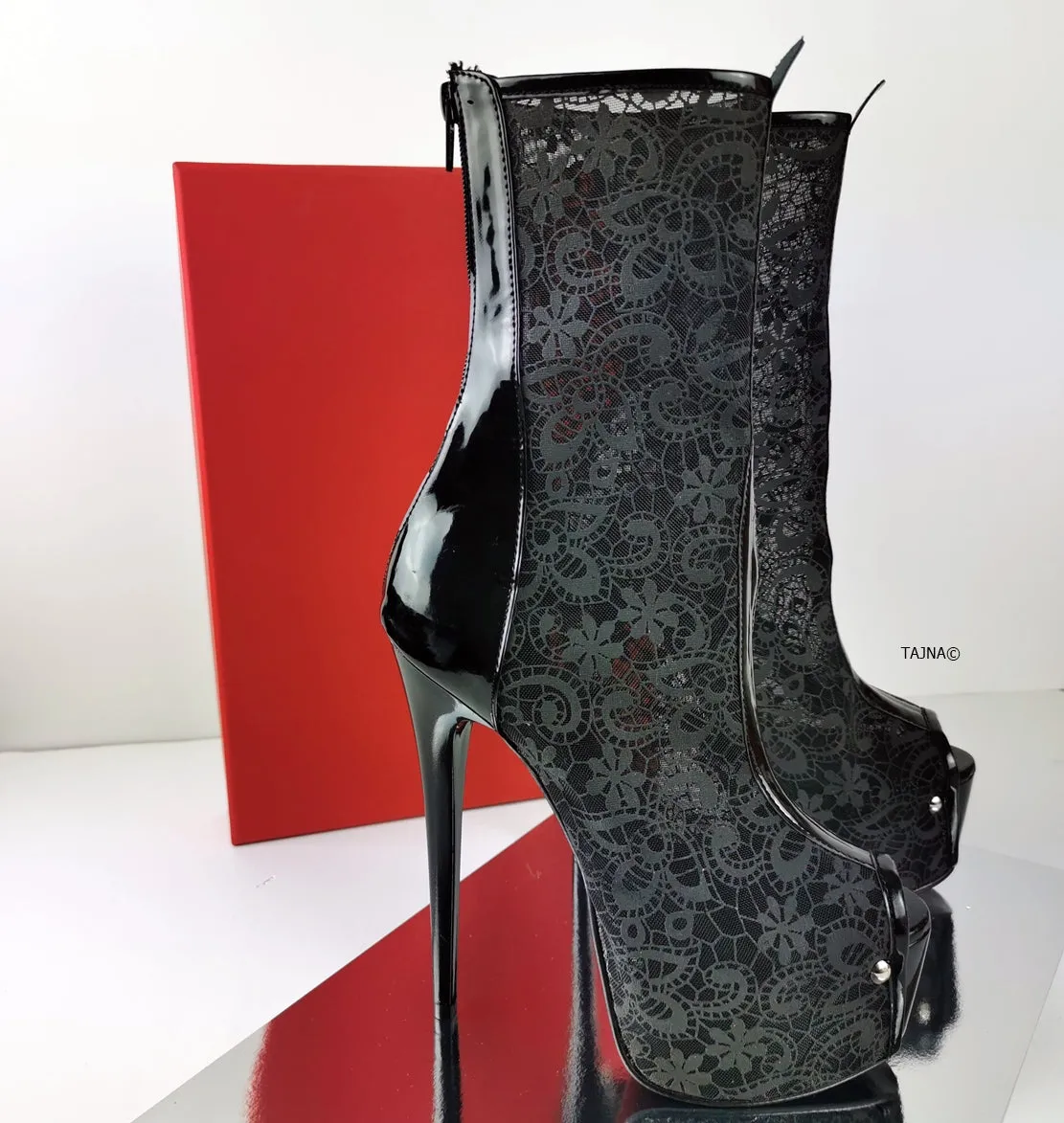 Black Lace Mid-Calf Heeled Boots