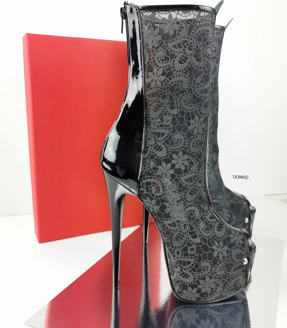 Black Lace Mid-Calf Heeled Boots