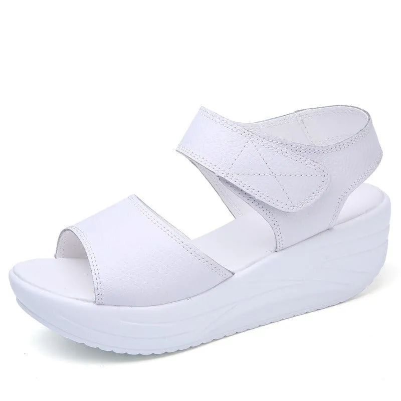 Black Leather Platform Casual Velcro Sandals for Students