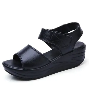 Black Leather Platform Casual Velcro Sandals for Students