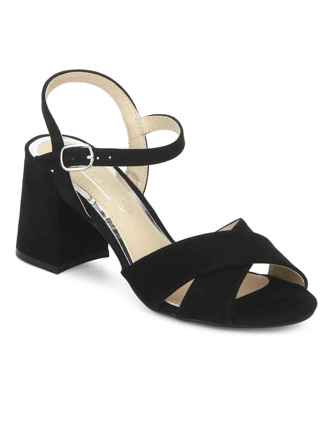 Black Micro Crossover Ankle Strap Block Heels