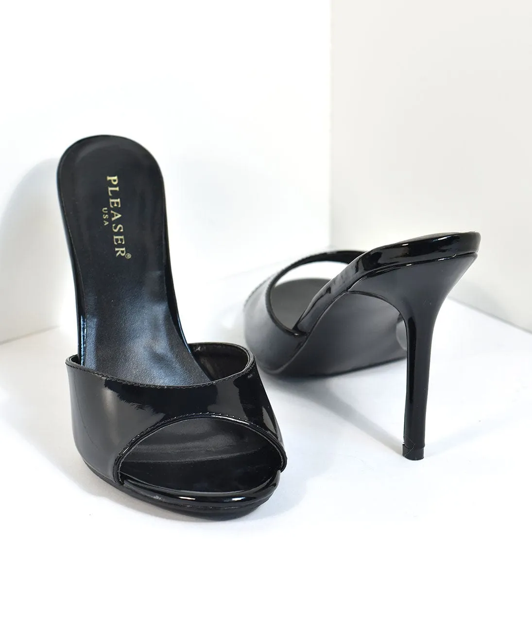 Black Patent Leatherette Peep Toe Slip On Heels