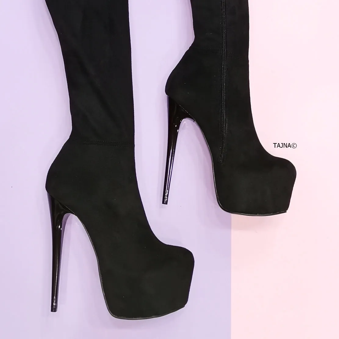 Black Suede Strech Thigh High Platform Boots