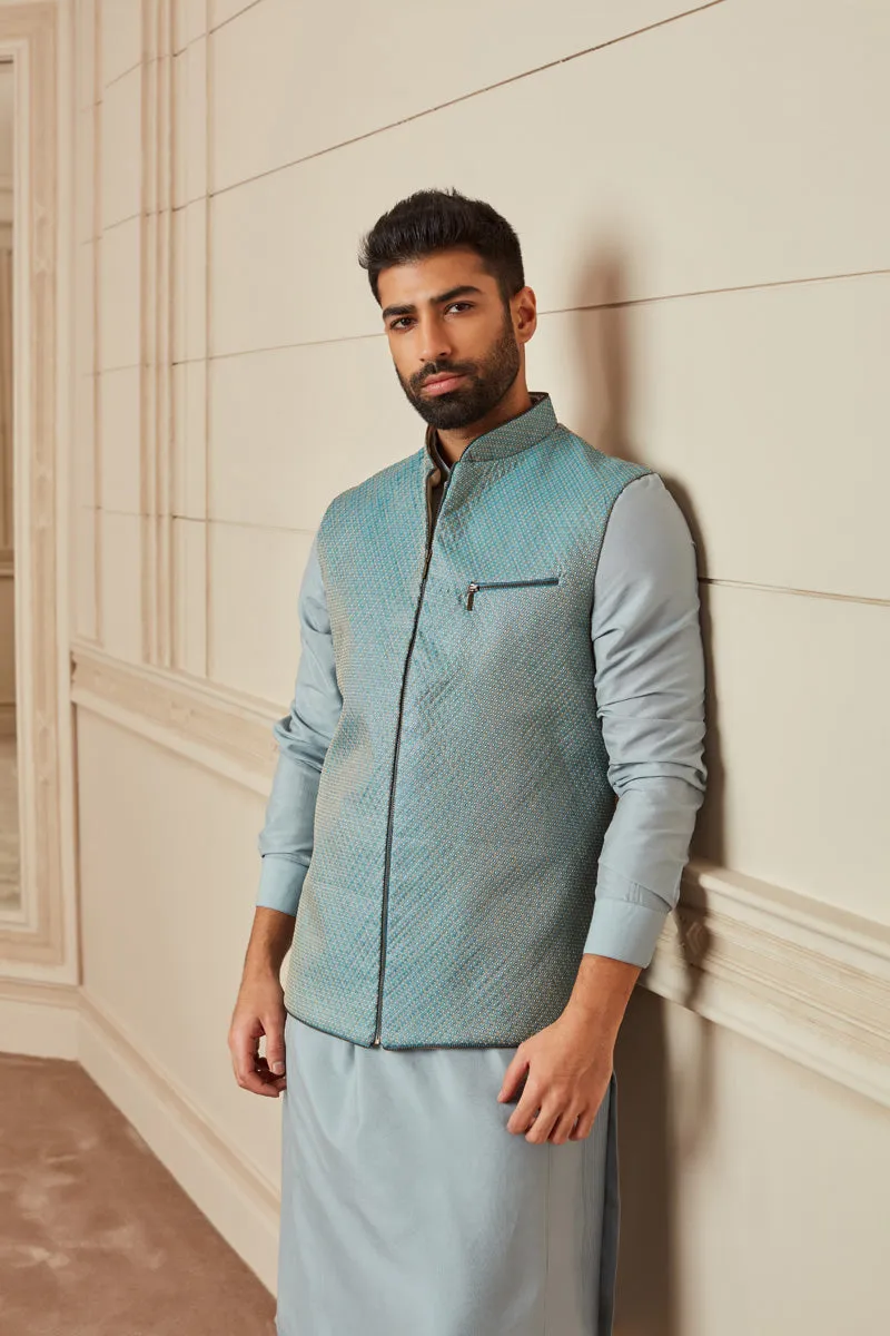 Blue Quilted Brocade Kurta Bundi Set