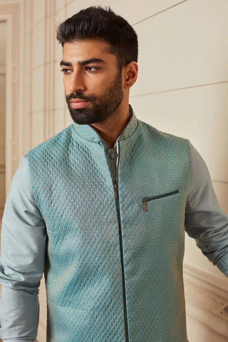 Blue Quilted Brocade Kurta Bundi Set