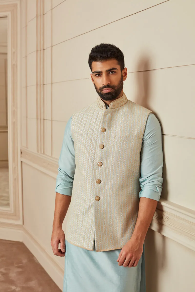 Blue Thread Embroidered Silk Kurta Bundi Set