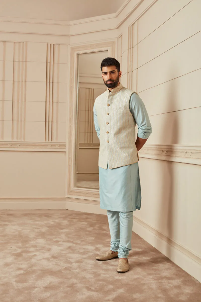 Blue Thread Embroidered Silk Kurta Bundi Set