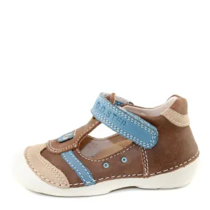 D.D. Step Toddler Single Strap Boy Sandals/Open Shoes Brown With Blue Details - Supportive Leather From Europe Kids Orthopedic