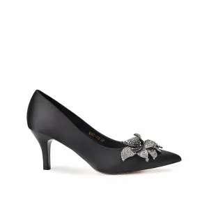 Elegant Black Kitten Heels with Crystal Embellishment | 476L-C