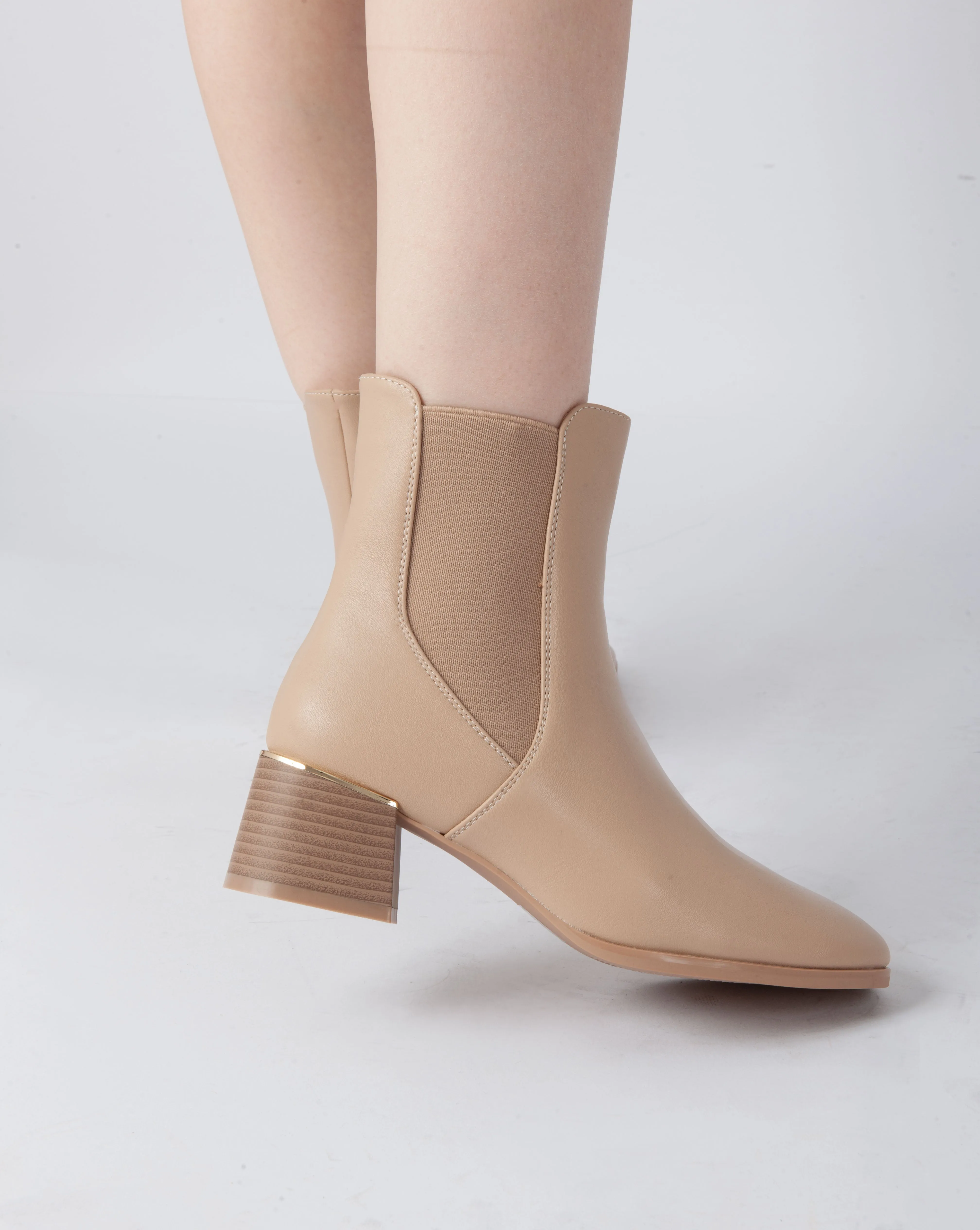 Elegant Block Heel Boots - Beige