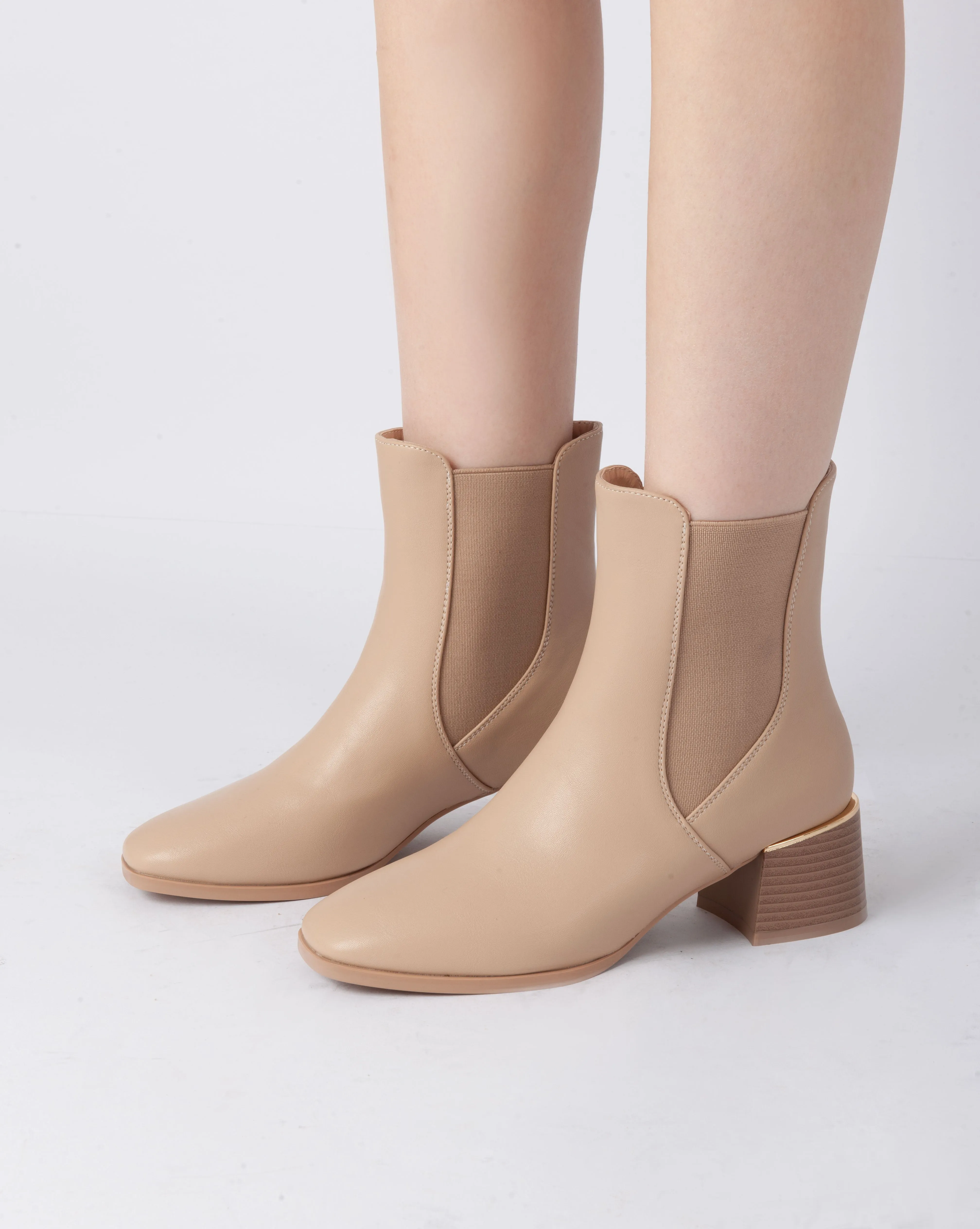 Elegant Block Heel Boots - Beige