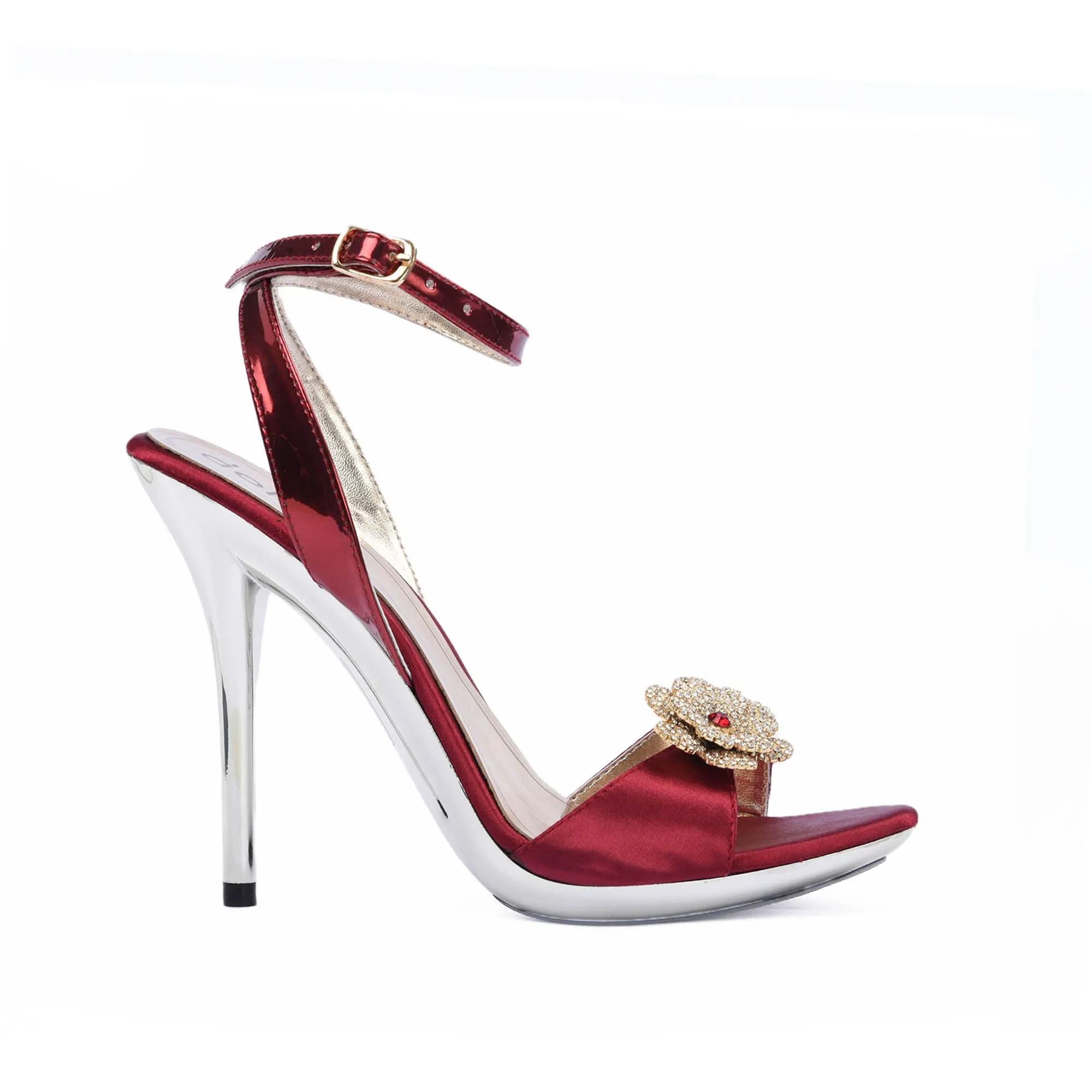 Elegant Red High Heels with Rhinestone Flower | 250D-M