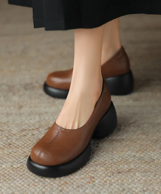 Elegant Splicing Chunky Loafers For Women Brown Sheepskin QK049