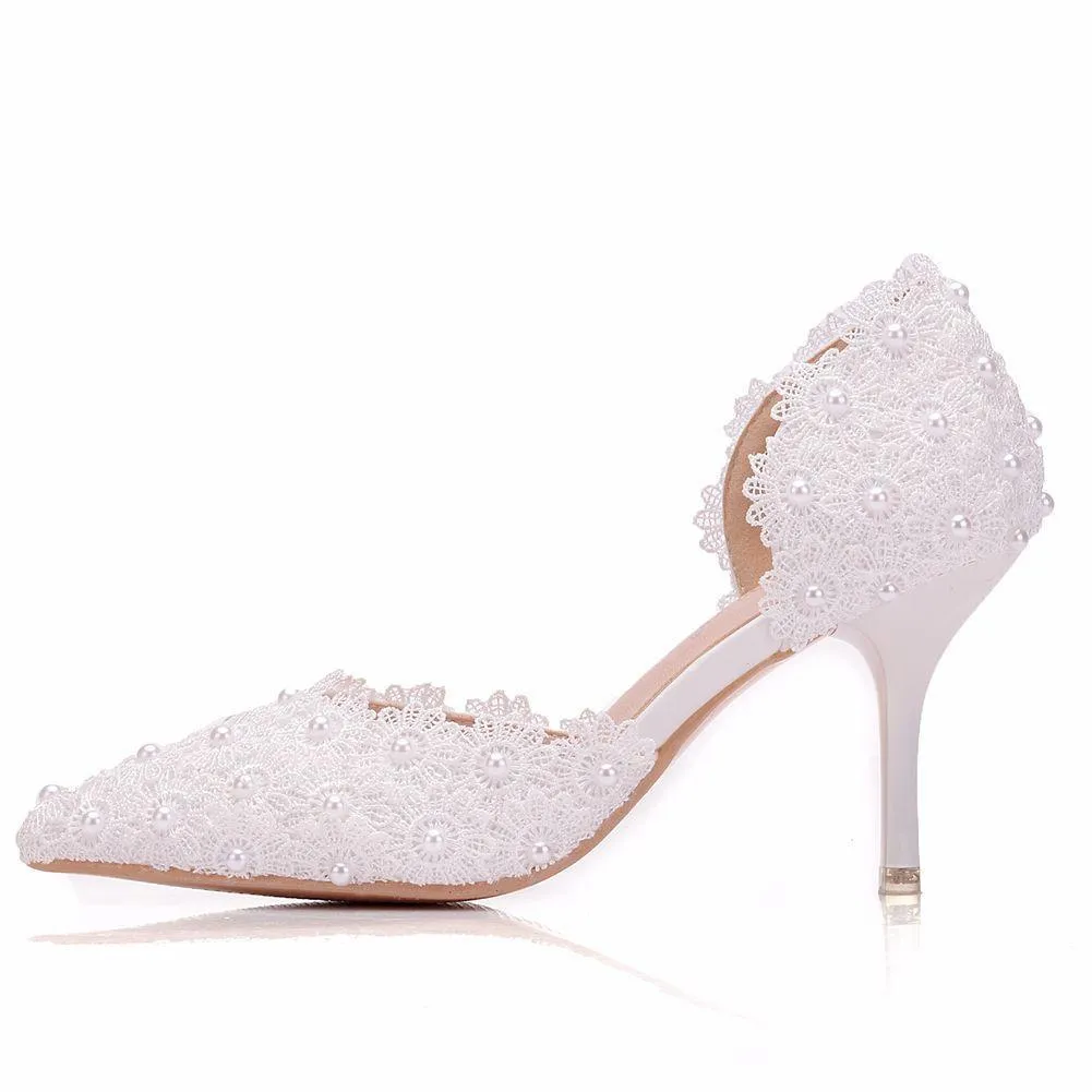 Elegant white lace wedding heels 3"