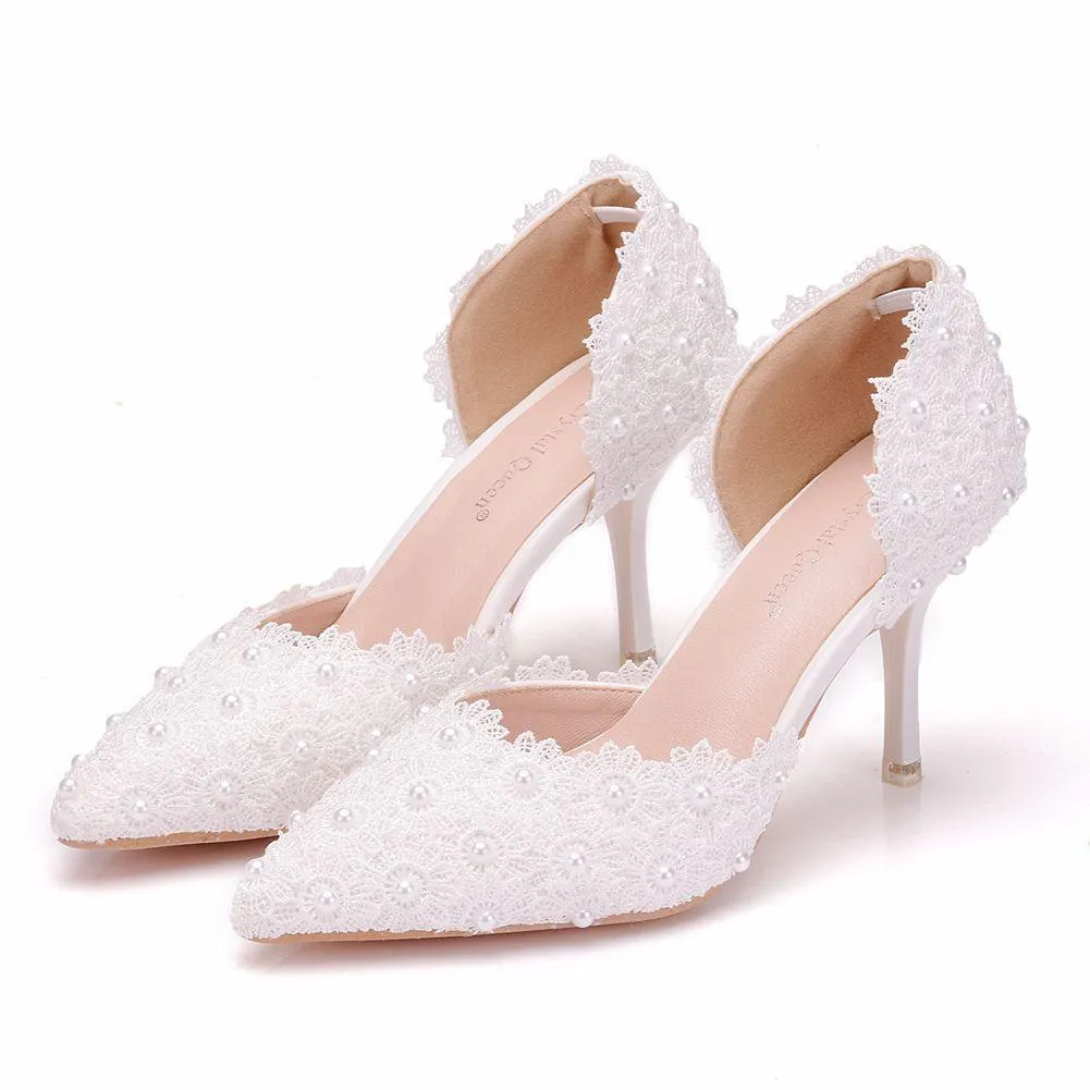 Elegant white lace wedding heels 3"