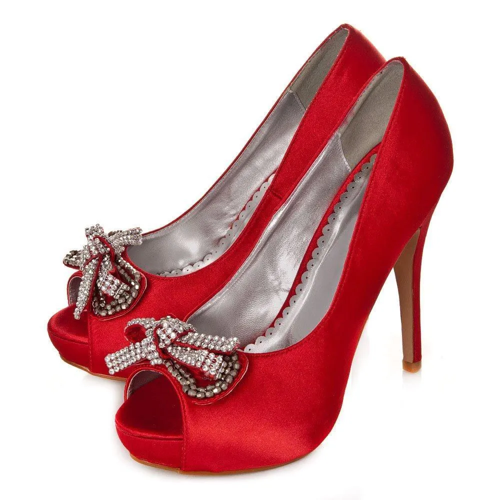 ELSA Peep Toe High Heel Satin Court Shoe With A Diamante Bow