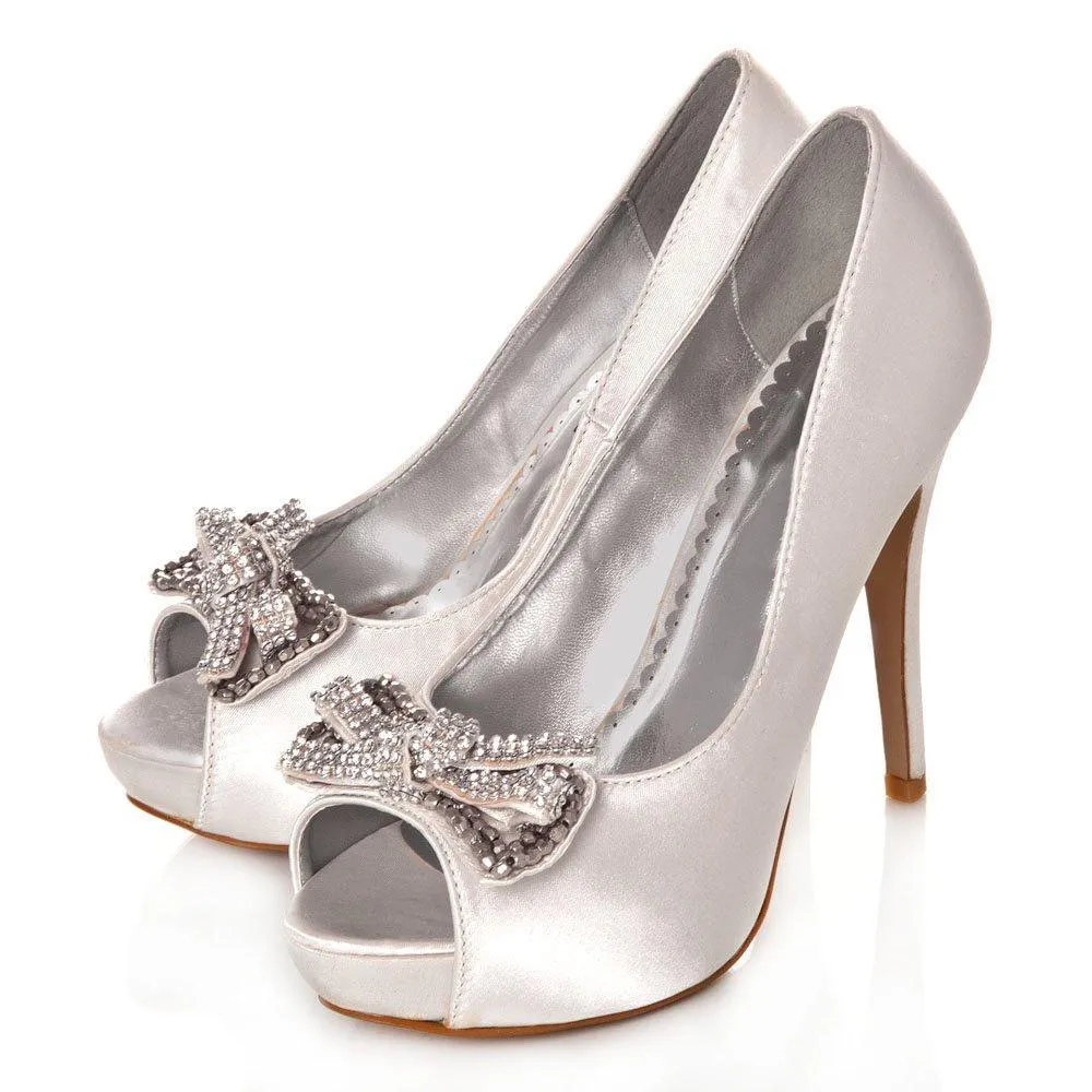 ELSA Peep Toe High Heel Satin Court Shoe With A Diamante Bow