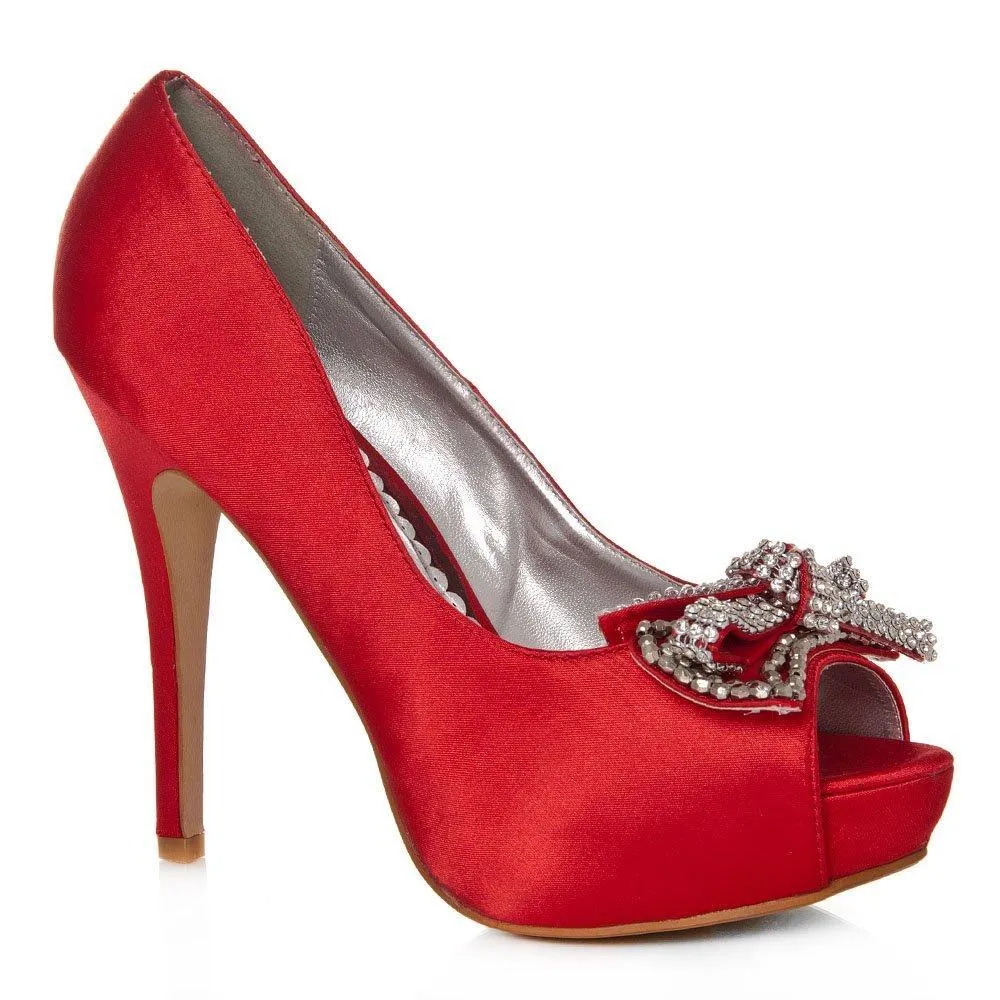 ELSA Peep Toe High Heel Satin Court Shoe With A Diamante Bow