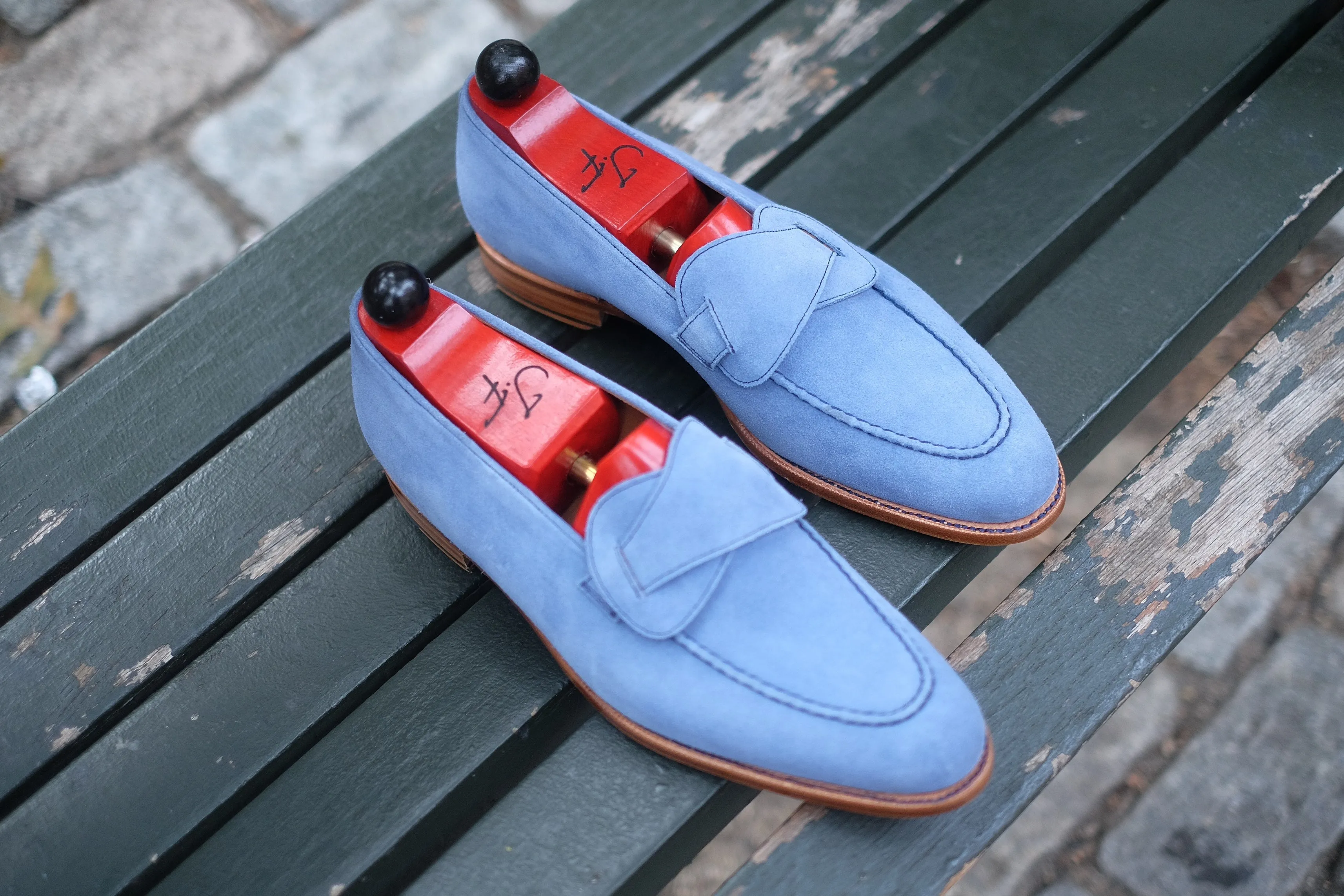 Hawthorne - MTO - Powder Blue Suede - Natural Edge Trim - TMG Last - Single Leather Sole