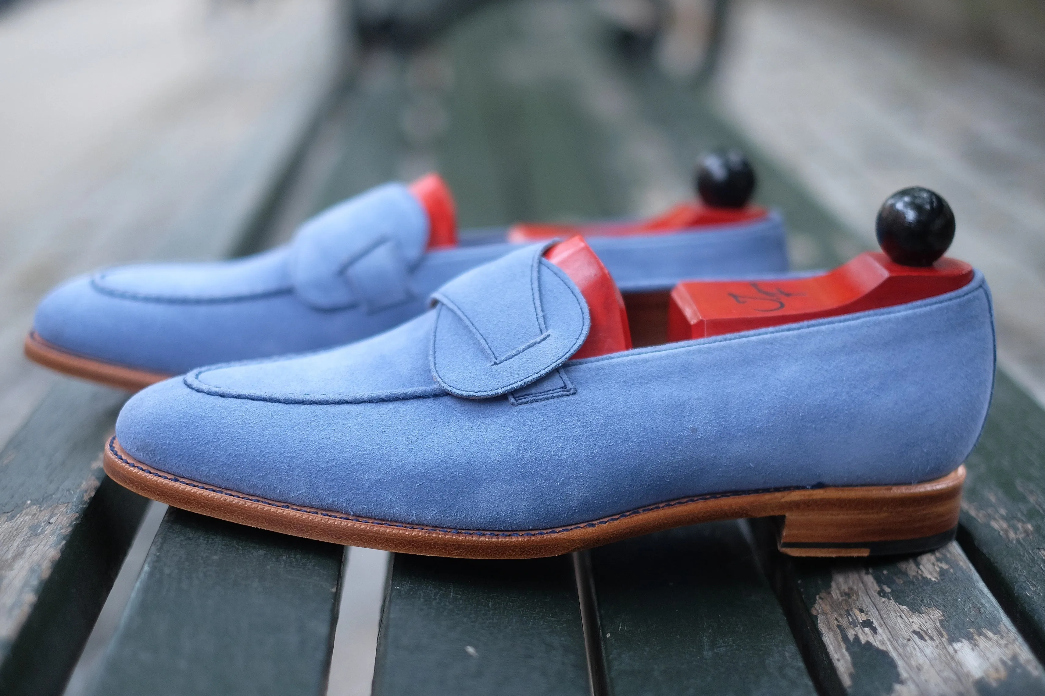 Hawthorne - MTO - Powder Blue Suede - Natural Edge Trim - TMG Last - Single Leather Sole