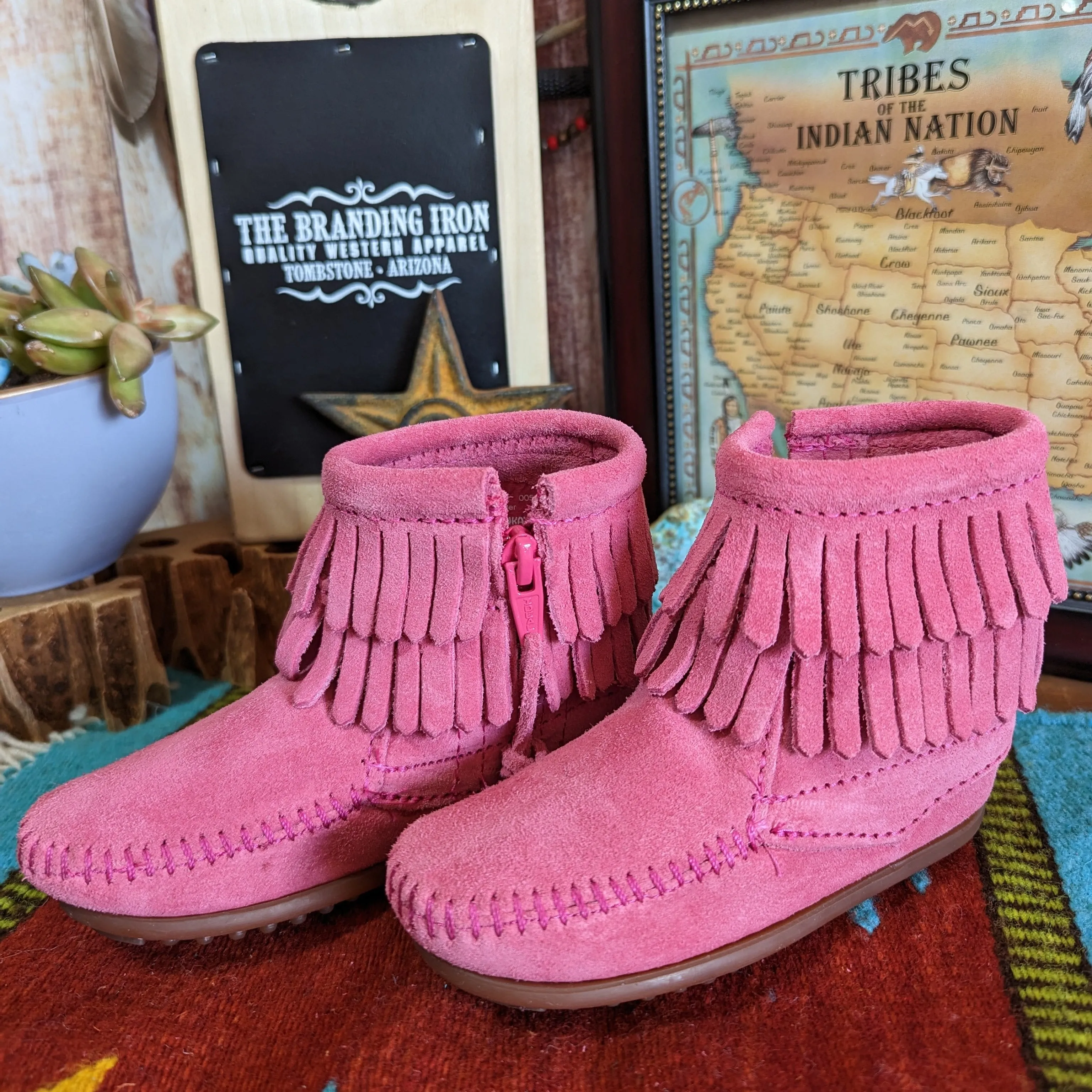 Infant & Kids' Moccasins with "Double Fringe" Side Zip Boot by Minnetonka