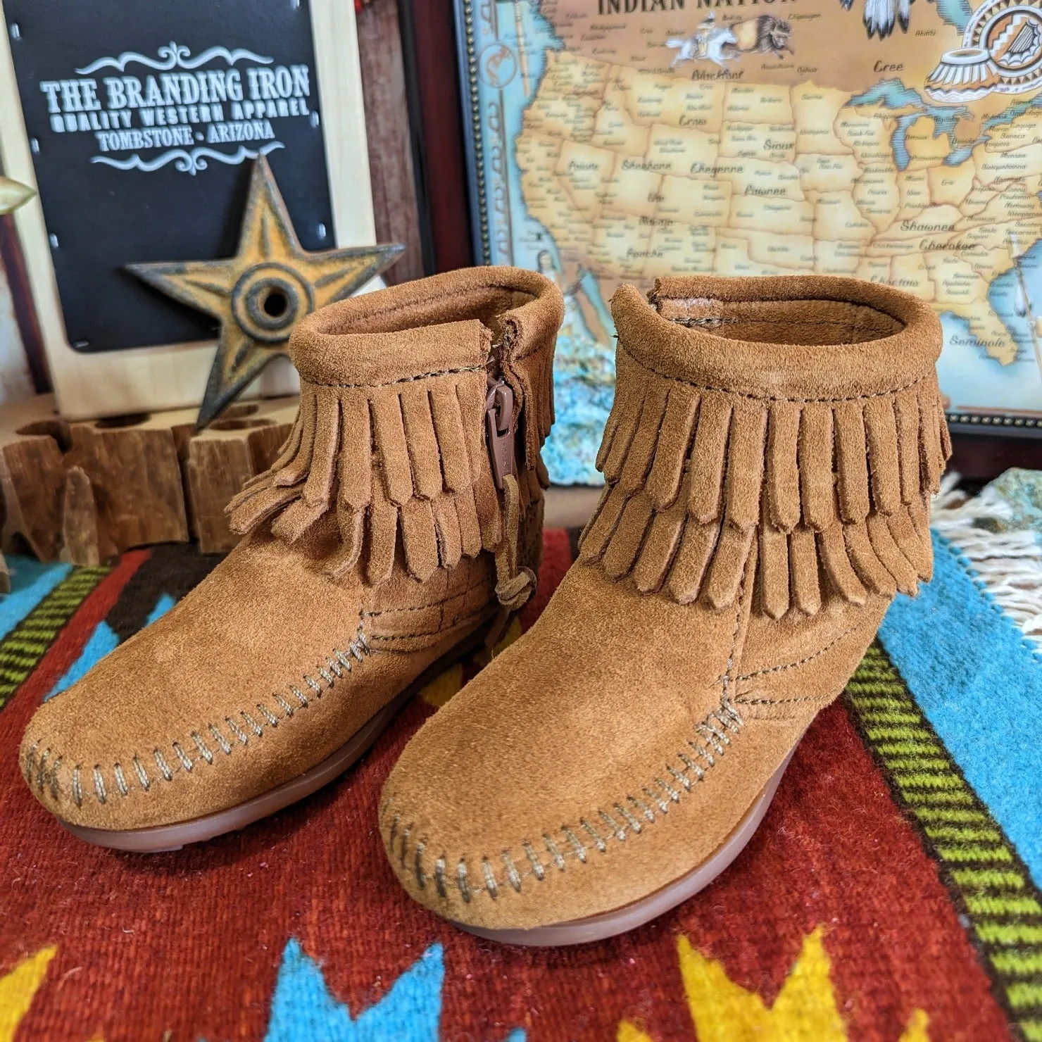 Infant & Kids' Moccasins with "Double Fringe" Side Zip Boot by Minnetonka