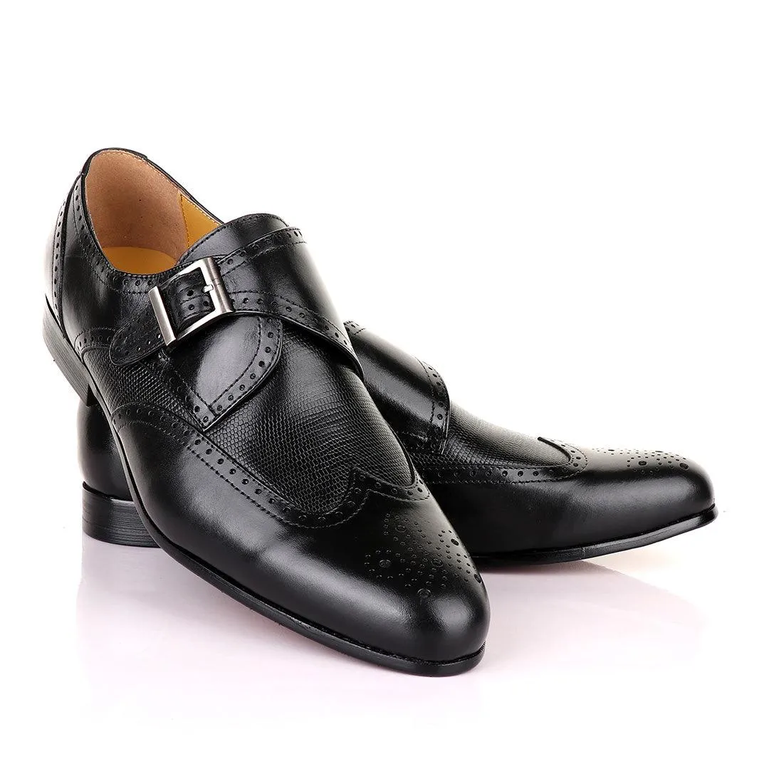 John Mendson Single Strap Lace Brogues Buckle  Leather Black Shoe