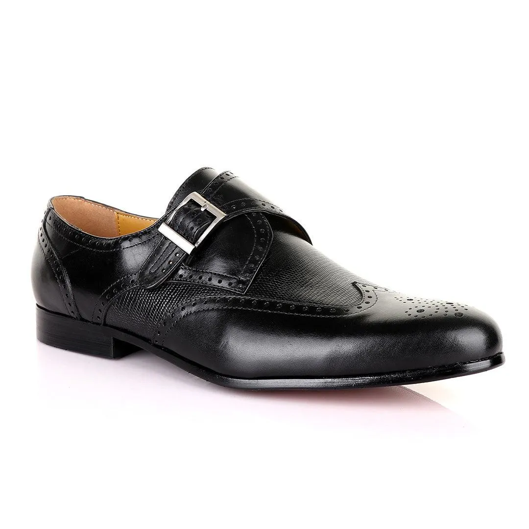 John Mendson Single Strap Lace Brogues Buckle  Leather Black Shoe