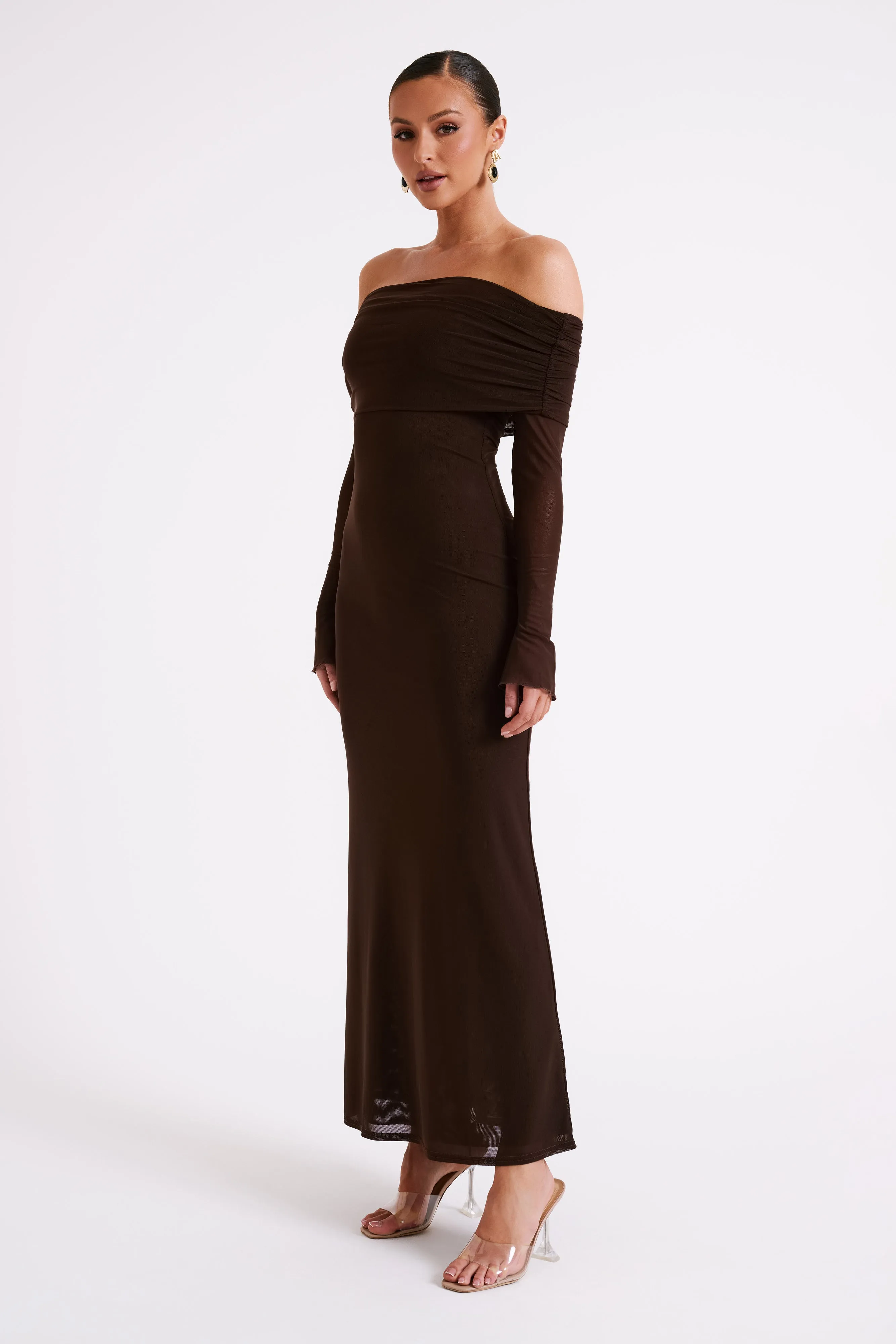 Josie Off Shoulder Mesh Maxi Dress - Dark Brown