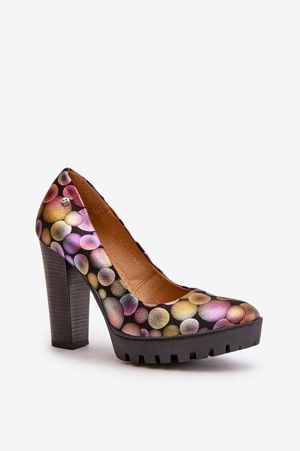 Leather Circle Pattern Block Heel Pumps