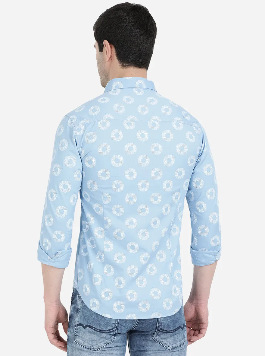 Light Blue Printed Slim Fit Semi Casual Shirt | Greenfibre