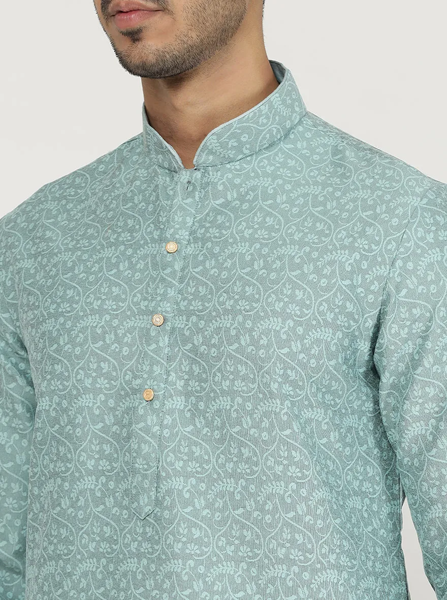 Light Turquoise Printed Silk Blend Kurta for Men