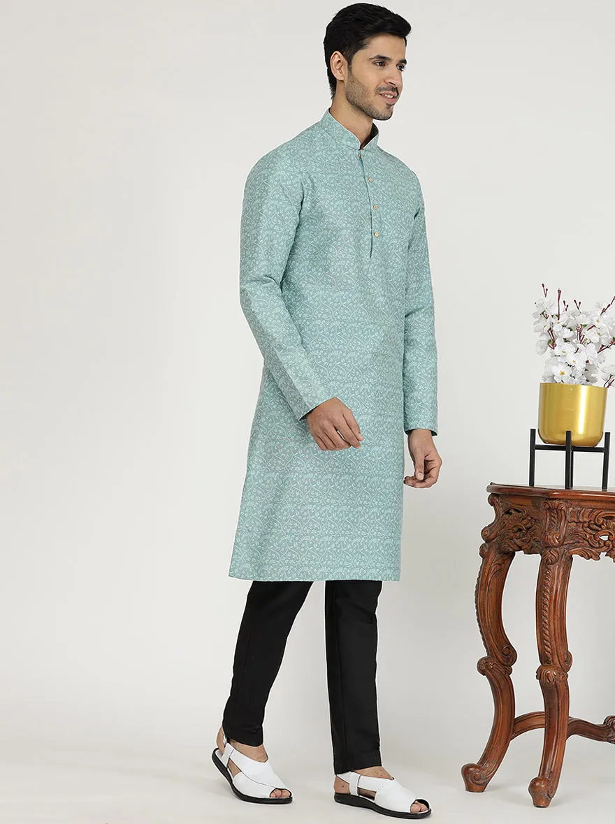 Light Turquoise Printed Silk Blend Kurta for Men