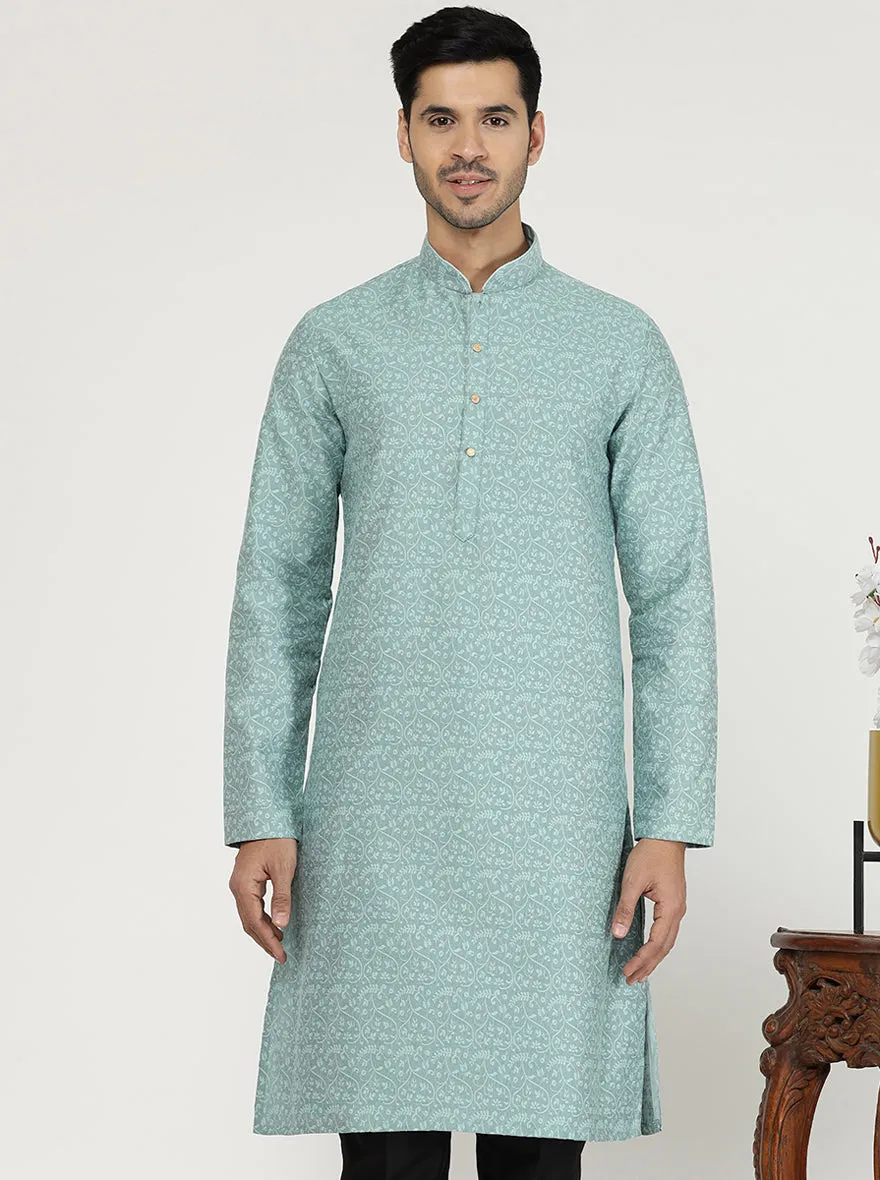 Light Turquoise Printed Silk Blend Kurta for Men