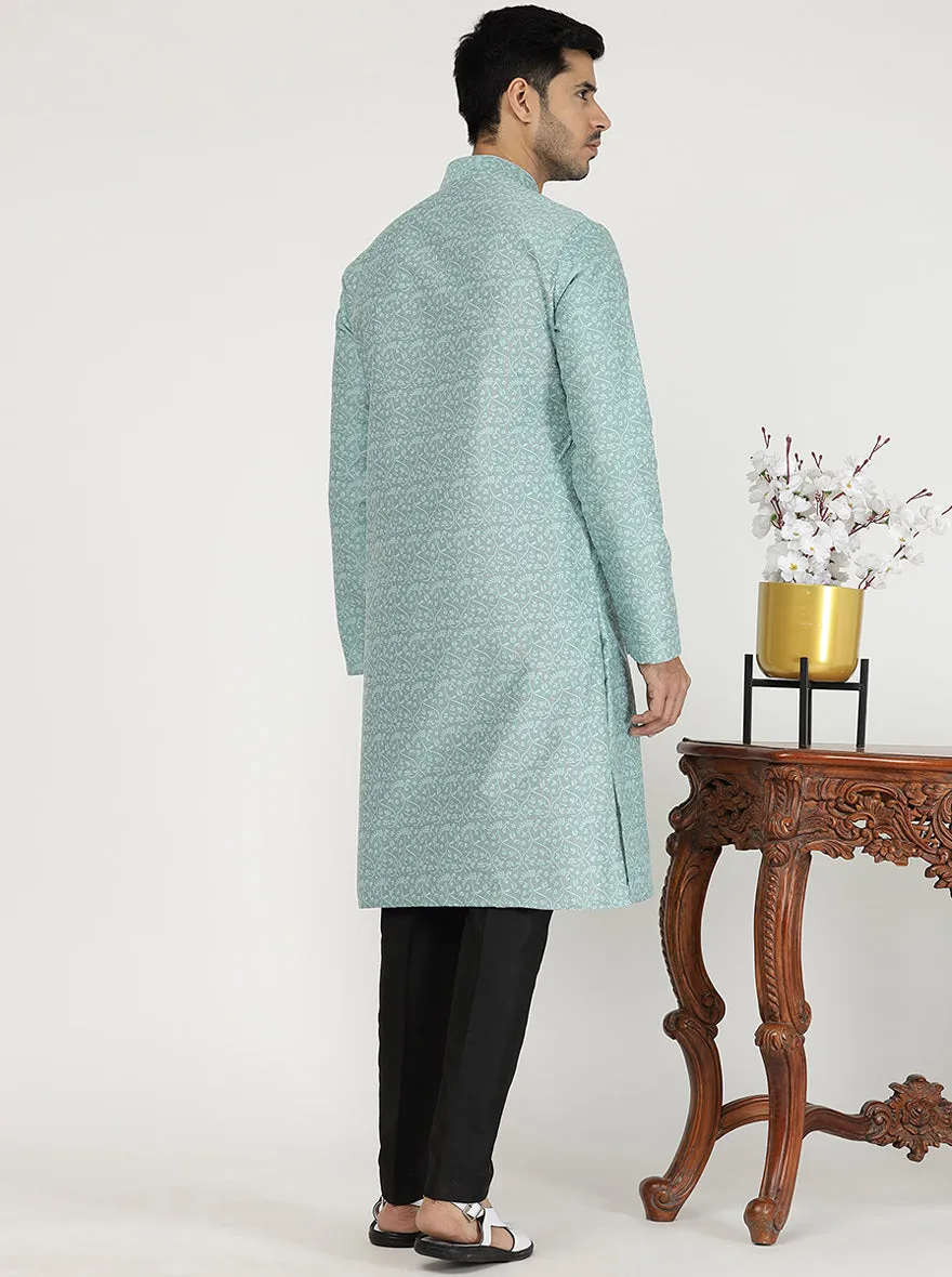 Light Turquoise Printed Silk Blend Kurta for Men