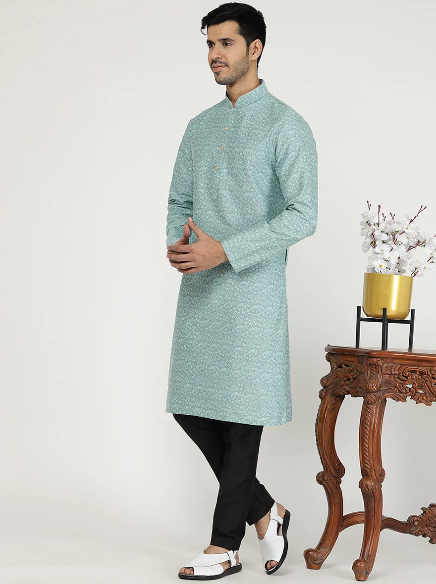 Light Turquoise Printed Silk Blend Kurta for Men