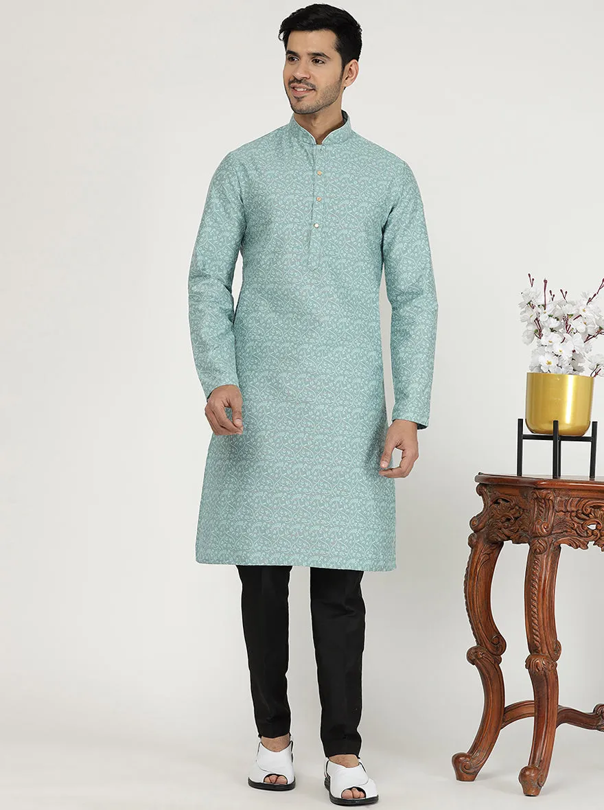 Light Turquoise Printed Silk Blend Kurta for Men