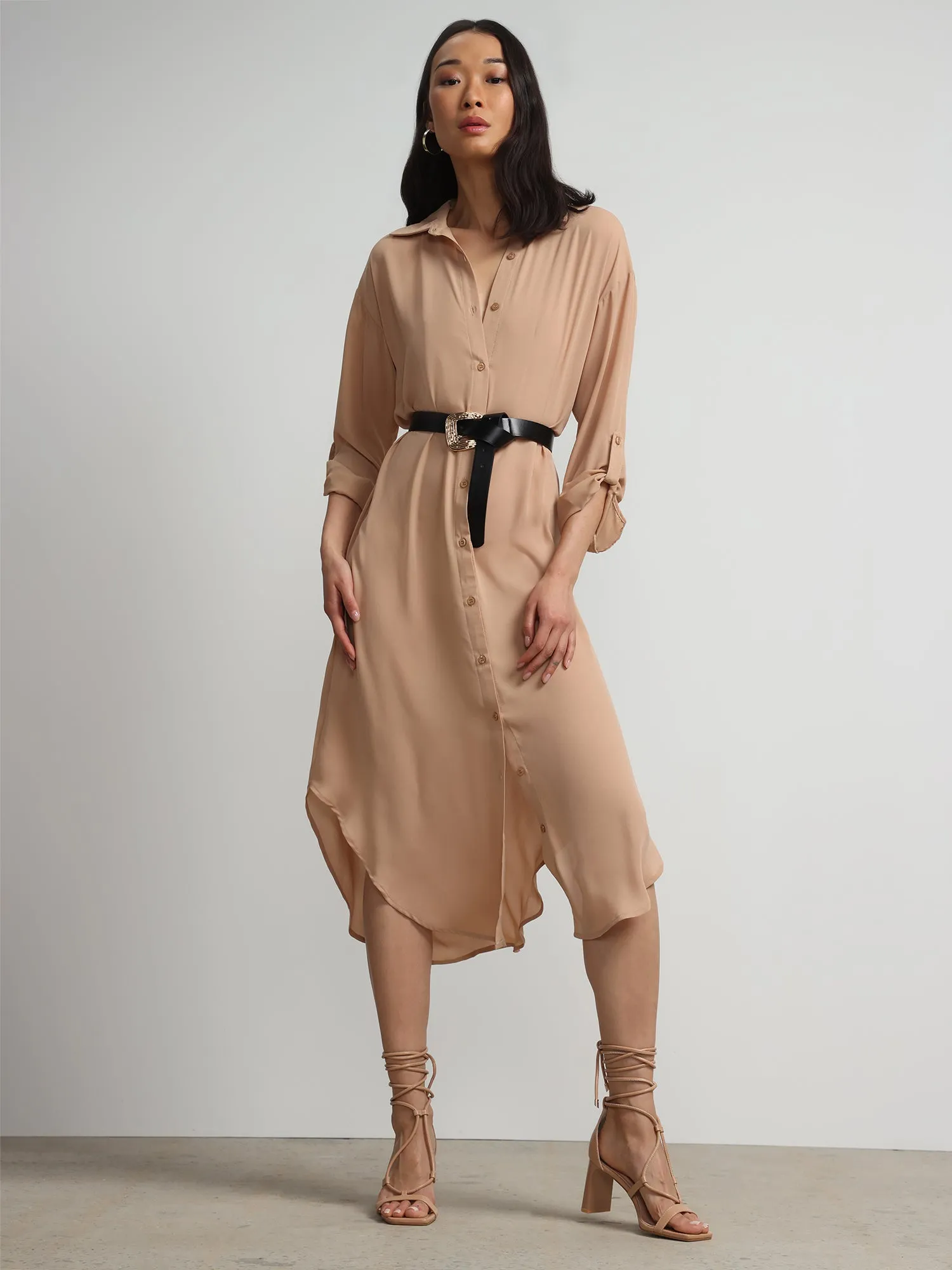 Long-Sleeve Button-Front Maxi Top