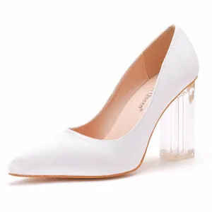 Pointed Toe White Block Heels Crystal Transparent Square Heels