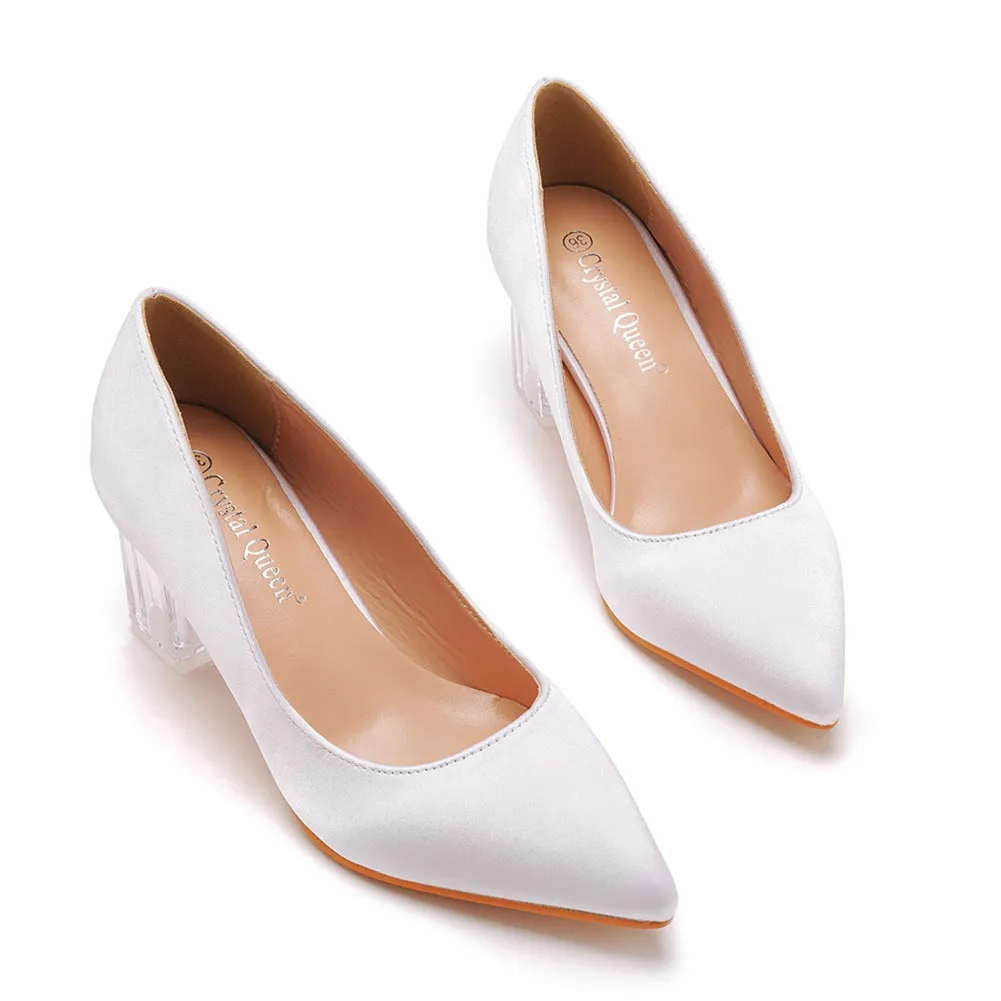 Pointed Toe White Block Heels Crystal Transparent Square Heels