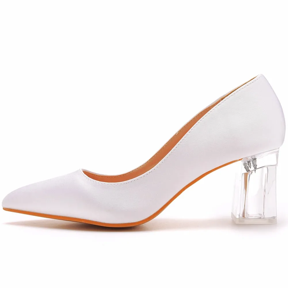 Pointed Toe White Block Heels Crystal Transparent Square Heels