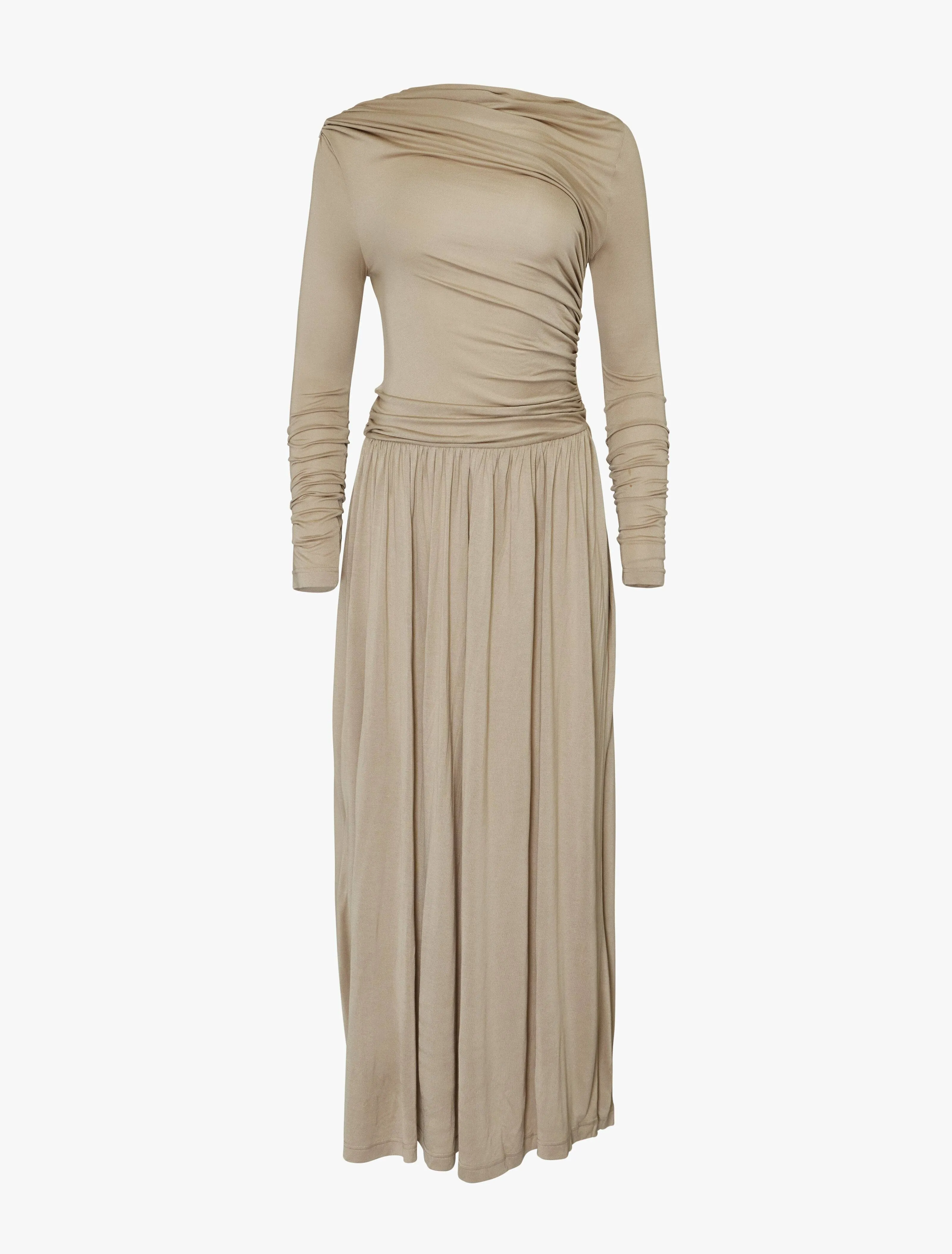 Romy Long Sleeve Draped Dress in Taupe