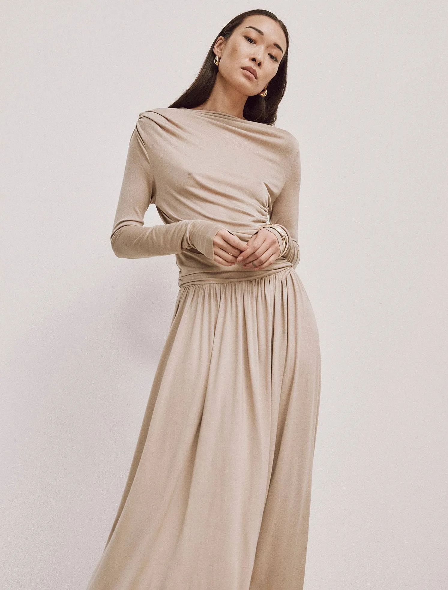 Romy Long Sleeve Draped Dress in Taupe