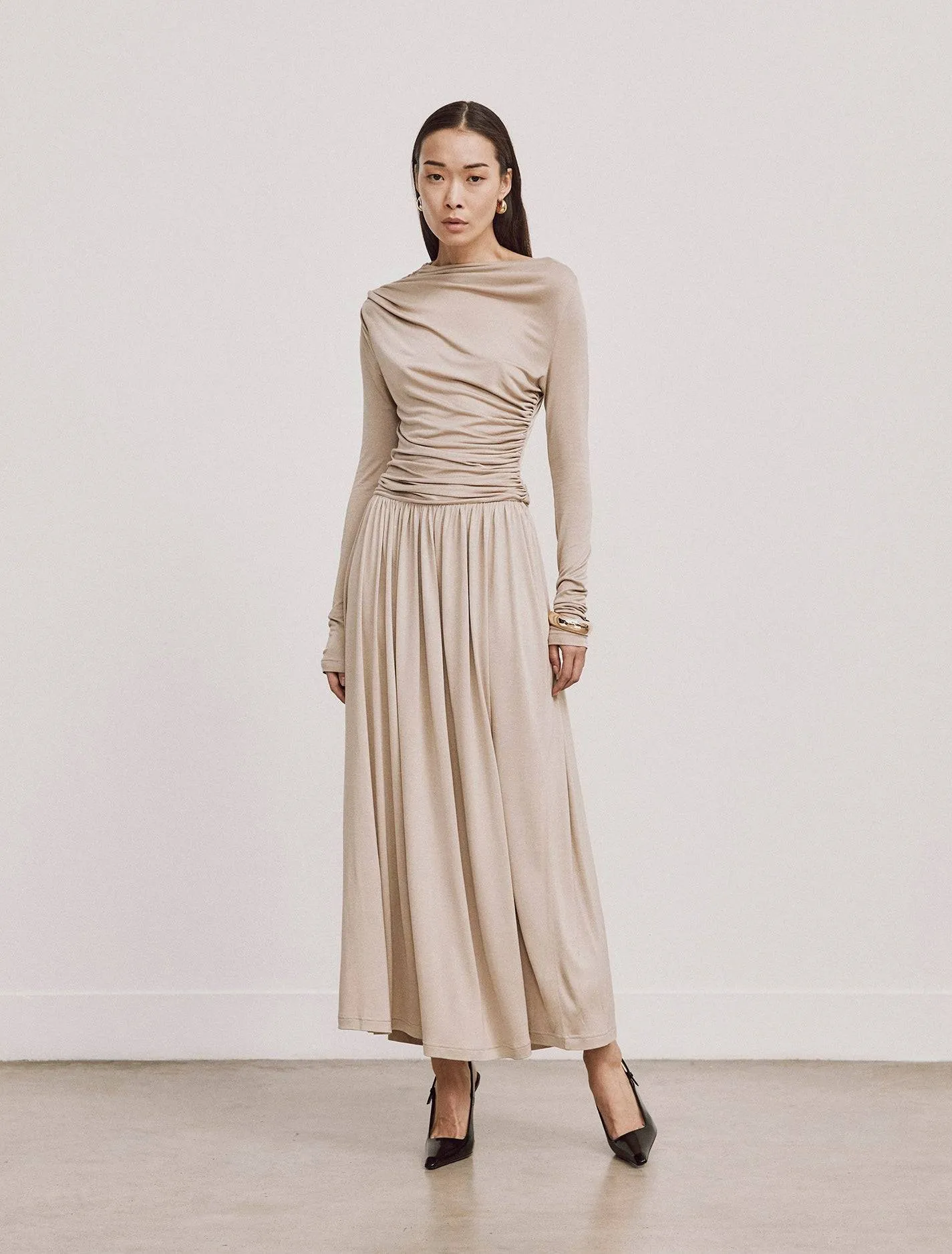 Romy Long Sleeve Draped Dress in Taupe